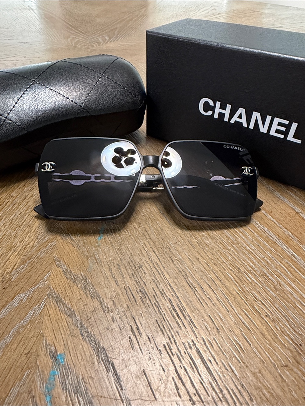 CHANEL Black & Silver Oversized Square Sunglasses with CC Emblem - Picture 2 of 10